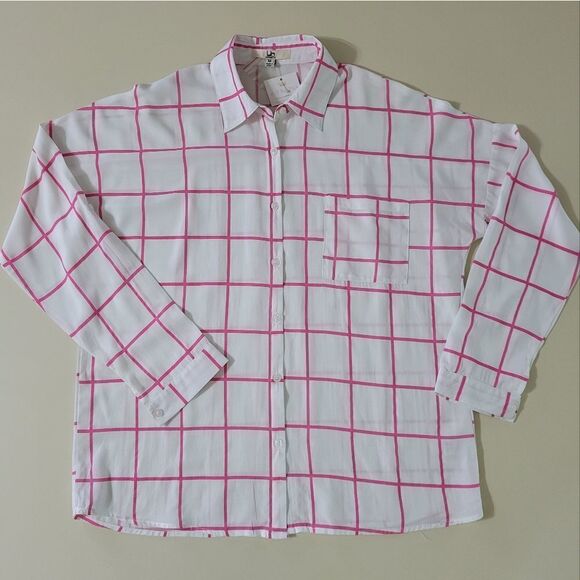Ya Los Angeles Women's Long Sleeve Pink and White Button-Down Shirt - Picture 1 of 12